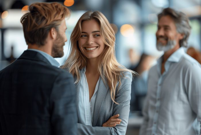 Drie collega's in gesprek op kantoor.