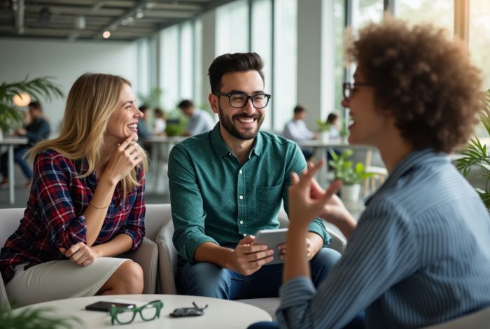 Collega's in gesprek aan een tafel.